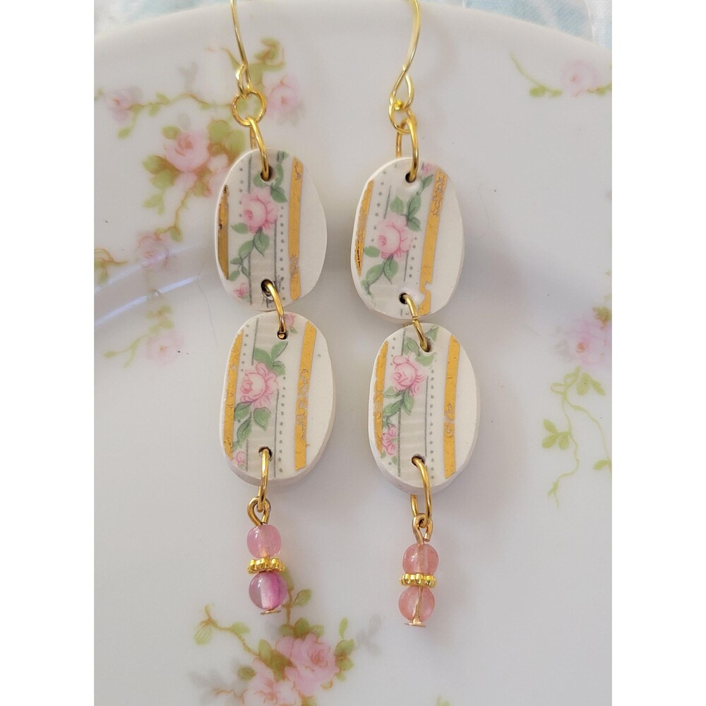 Broken China "Taylor, Smith & Taylor" Pink Roses Double Soldered Earrings